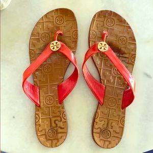 Red patent Tory Burch flip flops